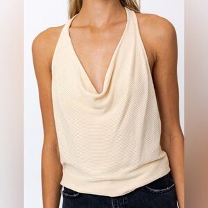 LE LIS Ribbed Cream Halter Top